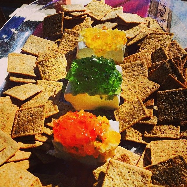 Jalapeno jelly, habanero mint jelly, apricot jalapeno jelly over cream cheese